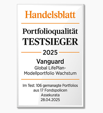 Ein Siegel der Zeitung Handelsblatt zeichnet das Vanguard Global LifePlan-Modellportfolio Wachstum als Testsieger für Portfolioqualität im Jahr 2025 aus.